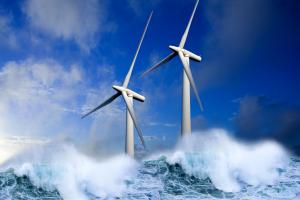 Wind turbines generating green energy at sea.