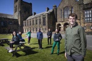 Group of people outside Main Arts building Bangor University