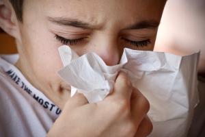 a child blows his nose into a tissue