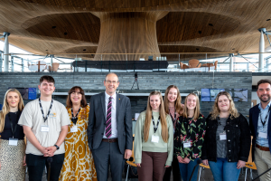 group of people in the Senedd building