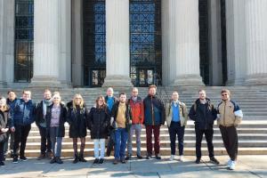 group of people outside a building