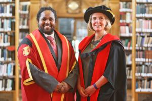 Hamza Yassin with his former lecturer Professor Julia Jones, pictured in 2022 before receiving his Honorary Degree from Bangor University