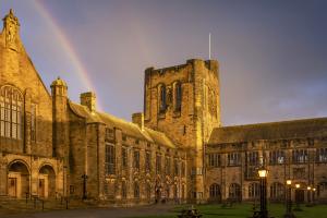 A rainbow over Bangor University Main Arts Building