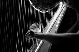 A close up of a woman playing a harp