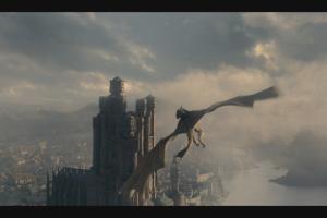 A still from the series showing a flying dragon against a skyline with tall building