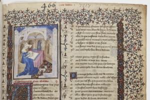 A drawing of the Italian poet and court writer Christine de Pizan writing. 