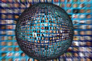  a globe made up of tiny images of people