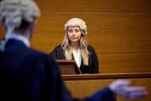Millie Thompson, law student, in Bangor University's Moot Court