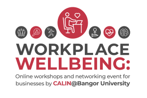 A line of small icons and the words: Workplace wellbeing: Online workshops and networking event for businesses by CALIN@Bangor Uiversoty