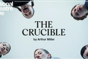 Five faces look down from the edges of the screen top right reads National Theatre Live, centre text reads The Crucible by Arthur Miller