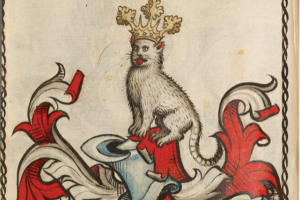drawing of a cat wearing a crown from a 1450 manuscript
