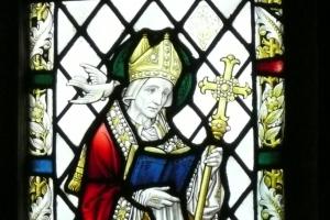 part of a stained glass window depicting St David