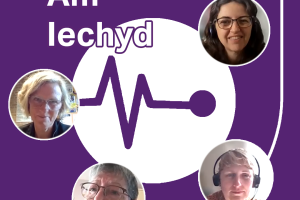 Logo for the Am Iechyd podcast with faces of the contributors