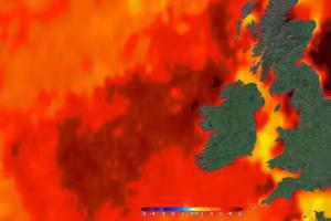 A map of the seas around BGreat Britain coloured in reds to reflect  temperatures recorded