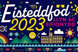 A busy design with the maon word Eisteddfod Llyn ac Eifionydd