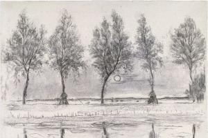 a row of trees beyond a fence drawn in pencil