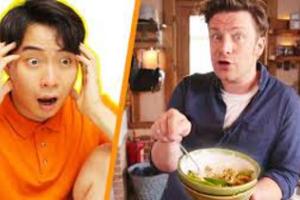 Two images of Uncle Roger and Jamie Oliver