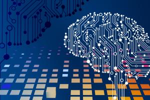 An image of a brain as a circuit board with a blue background also a circuit board