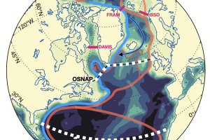 A map of the world focussing on the  north Atlantic, showing positions of the monitoring buoys and circulation