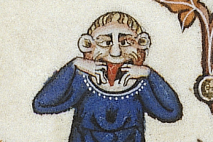 Medieval manuscript showing strange creature pulling his tongue out