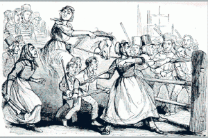 a cartoon drawing of men dressed as women in the 19th century attacking a gate with axes