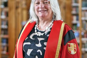 Image of Tina Barsby in her Honorary Fellow gown