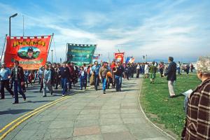 Miners from different collieries gather in Port Talbot in April 1984 