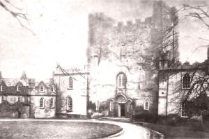 A black and white image of a historical estate