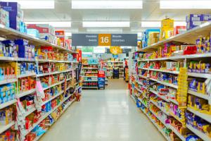 A supermarket aisle full of tinned products 