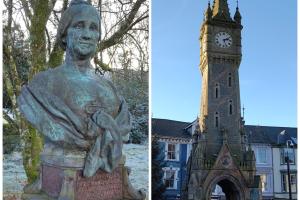 There are two photos. On the left is a statue bust of a woman, in a park with trees in the background, on the right is the famous town clock, in the middle of Machynlleth.