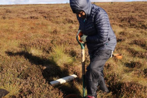 An upland peat setting with a scientist taking soil samples