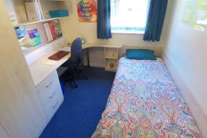 Ffriddoedd modern en-suite with a bed, desk, chair, shelves and wardrobe
