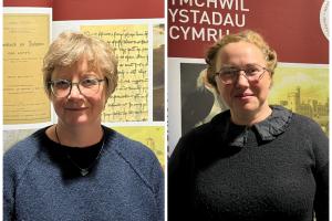 two photographs next to each other, each showing Hannah Jones and Daisy Hughes standing next to the ISWE banner