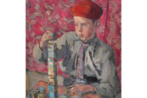 Painting by Evan Walters showing a young boy paying with bricks