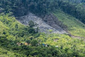 A photo of a forested hillside in Madagascar with a small village in amongst the trees and a deforested patch behind the village 
