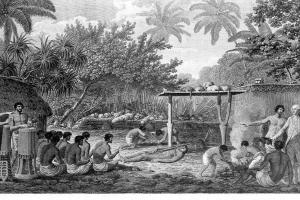 black and white sketch of human sacrifice in jungle