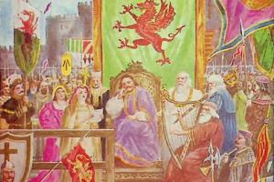 Paentiad lliwgar gyda ffigwr yn eistedd ar orsedd yn ei ganol