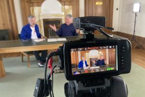 Dr Jerry Hunter and Richard Wyn Jones film their podcast 