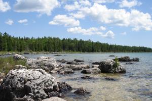 Rocky shore of Lake Huron taken from east of Port Dolomite