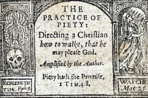 Black and white frontispiece of a treatise entitled 'The Practice of Piety'
