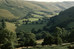 A photograph of a green valley with lots of trees
