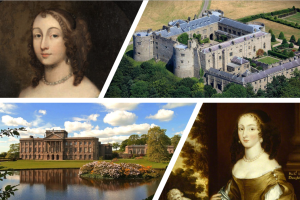 Four images showing two gentry women and two country houses. 