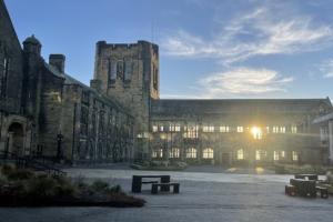 A photo of Main Arts from the quad at dusk