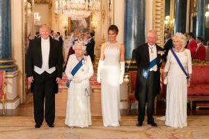 President Donald J. Trump and First Lady Melania Trump pose for a photo with Britain’s Queen Elizabeth II, the Prince of Wales and the Duchess of Cornwall Monday, June 3, 2019, prior to attending a state banquet at Buckingham Palace in London. 