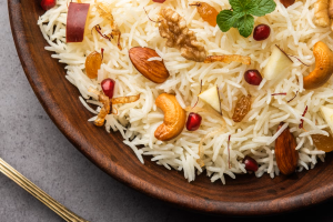 Basmati rice cooked with spices and flavored with Saffron and dry fruits