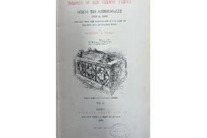 Front page of a book with text printed in black and red ink and an illustration of a tomb