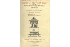Front page of a book with text printed in black and red ink and an illustration of a memorial