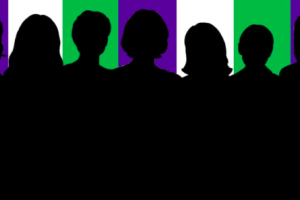 Shades of women on a green, white and purple background