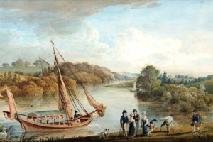 Paentiad o lyn gyda chwch a grŵp o bobl yn y blaendir.