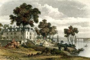 Old photo of Menai Bridge from the George Hotel 